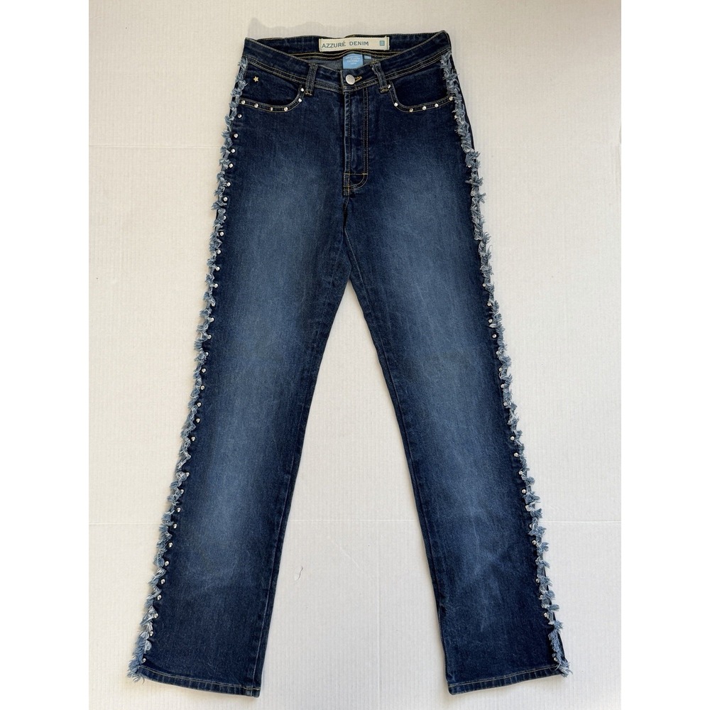 Vintage Y2K Azzuré Denim Jeans Size 28 Fringed Studded Mid Rise Straight Leg